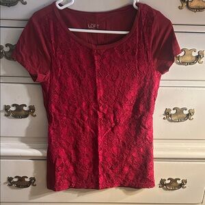 Ann Taylor LOFT Red Floral Lace Short Sleeve Top, Women’s XS